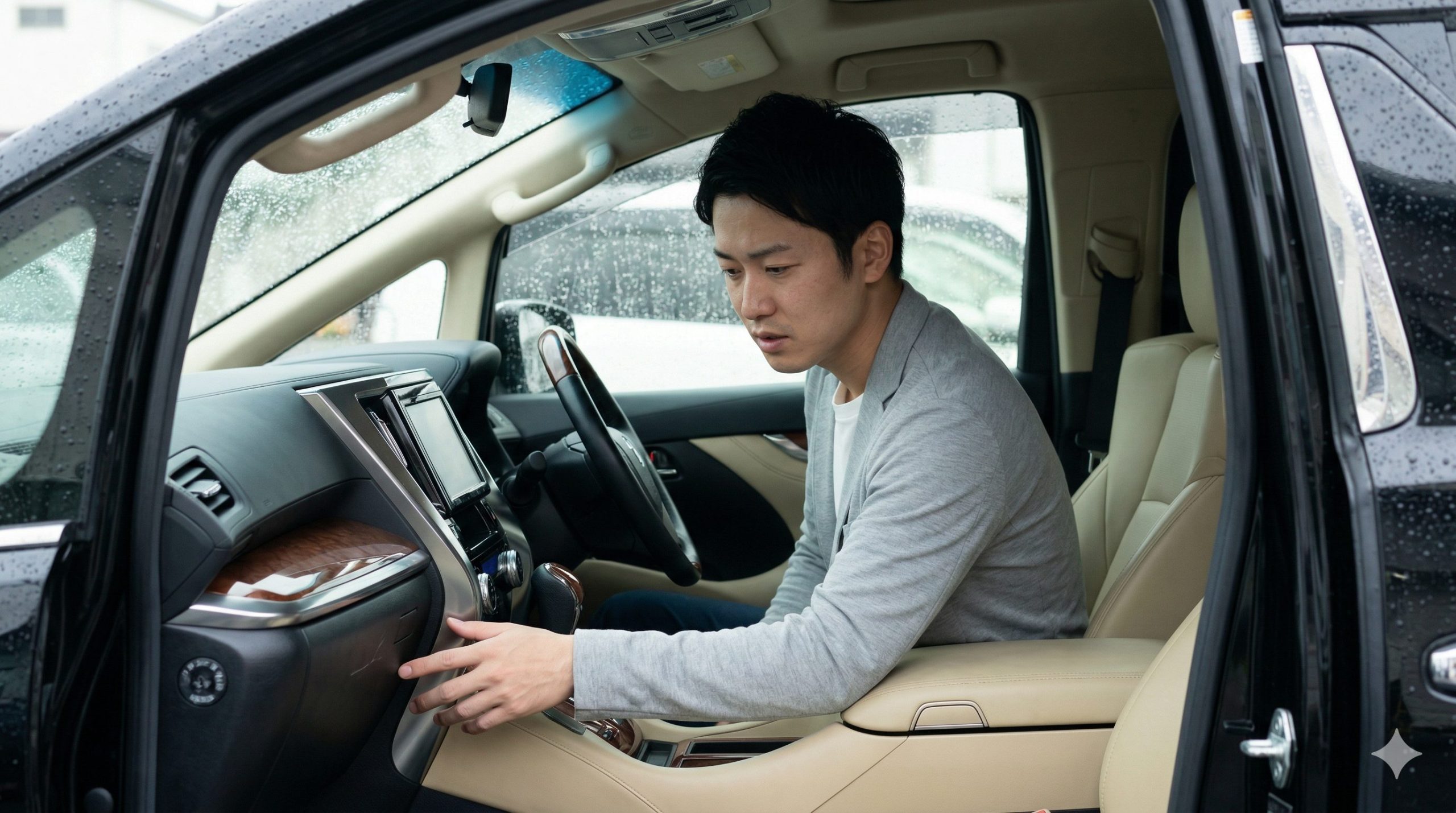 残クレで購入したアルファードの内装に傷を見つけ、心配そうな表情を浮かべる日本人男性の様子。高級車ライフに不安が影を落とす瞬間