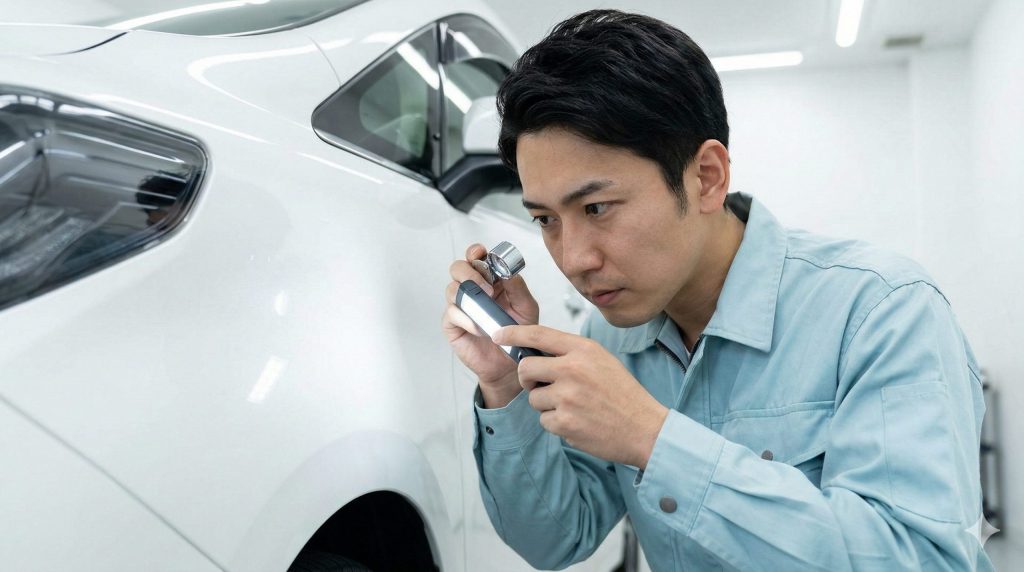 プロの査定士が拡大鏡とライトを使い、アルファードの塗装表面にある微細な傷を厳格にチェックする様子。隠し通すことは不可能な専門的な検査。
