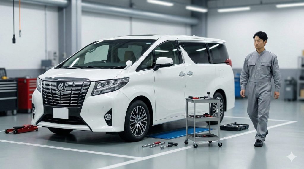 整備工場に停められたアルファードと、修理を行わずに立ち去る日本人整備士。残クレ返却前に自費で直すよりもそのまま査定に出す方が経済的であることを示唆。