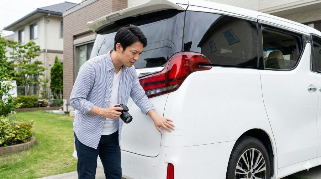 自宅の車庫で、白いアルファードのフロントバンパーについた小さな擦り傷を指さし、返却時の追加精算を心配して青ざめる日本人の男性オーナー。残クレ特有の借り物心理とストレスを表現。