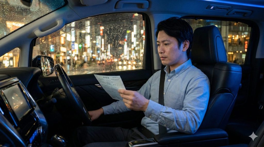 高級車アルファードの運転席で、車検証の「所有者」欄が自分ではないことに気づき、複雑な表情を浮かべる日本人の男性。ステータスと所有実感が伴わない虚しさを表現