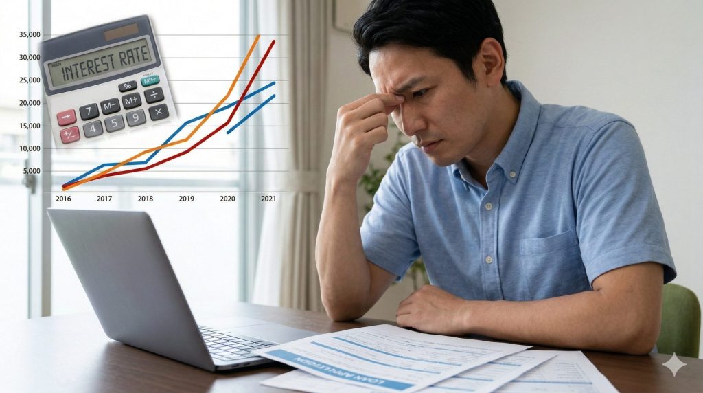 自宅のデスクで、電卓と睨み合いながら、アルファードの残価を支払うための「再ローン」の高金利に青ざめる日本人の男性。支払総額が大きく膨れ上がる負債地獄を表現。