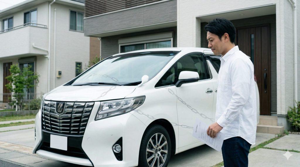 自宅の前で、憧れのアルファードを前に喜びつつも、残クレ契約書の束を手に、将来の支払いや制限への不安から複雑な表情を浮かべる日本人の男性オーナー。