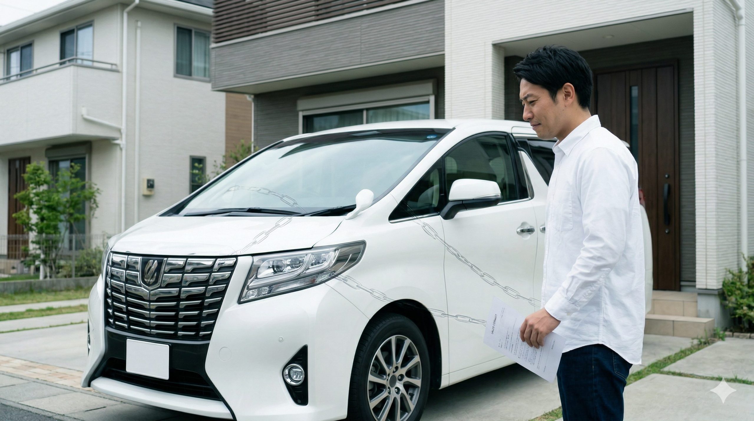 自宅の前で、憧れのアルファードを前に喜びつつも、残クレ契約書の束を手に、将来の支払いや制限への不安から複雑な表情を浮かべる日本人の男性オーナー。