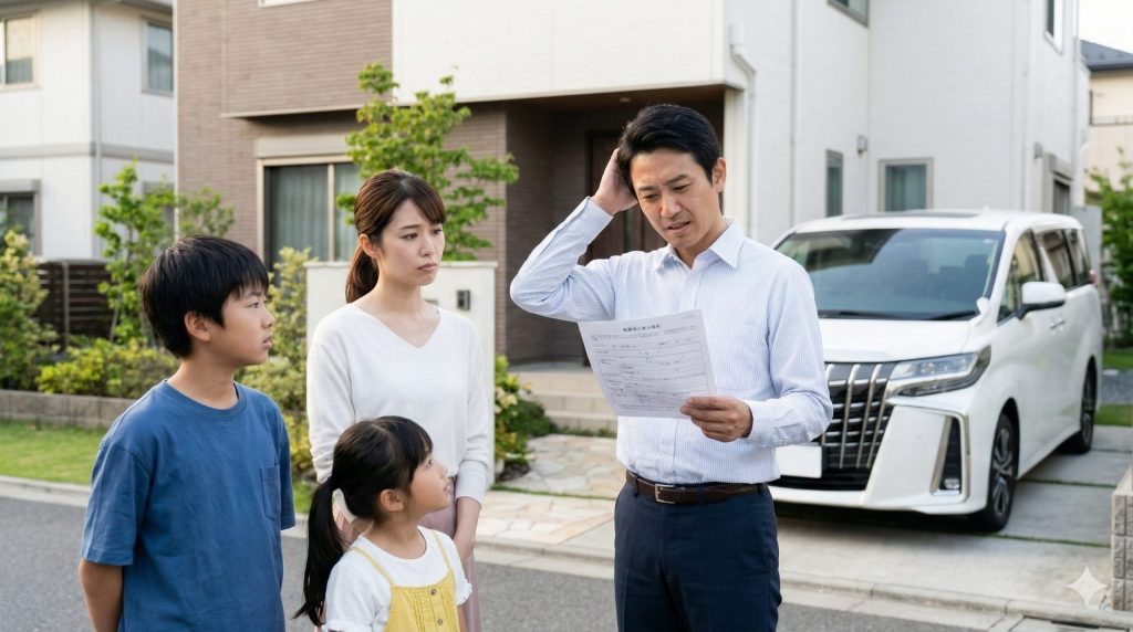 新車ディーラーの前で、複雑な残クレ契約書を見て困惑する日本人の父親と家族。アルファードの前で月々の支払いの安さと将来の罠について悩む様子。