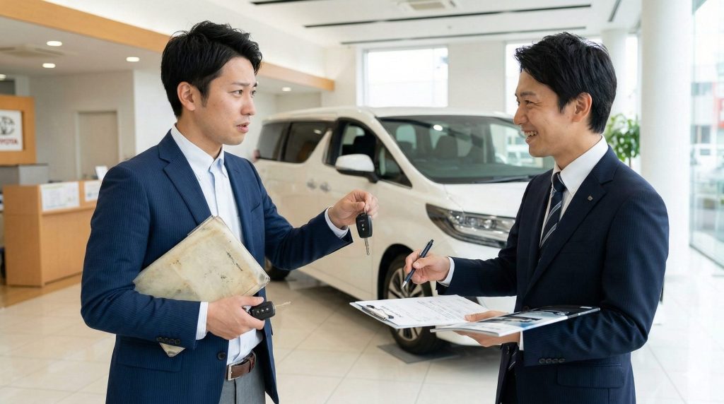 ディーラーのショールームで、営業担当者から笑顔で新型アルファードのパンフレットを提示され、少し困惑しながらも新しい契約書にサインしようとする日本人男性。次々に新しい車に乗り換えることで、一生ローンを払い続ける「無限ループ」に陥るリスクを表現。