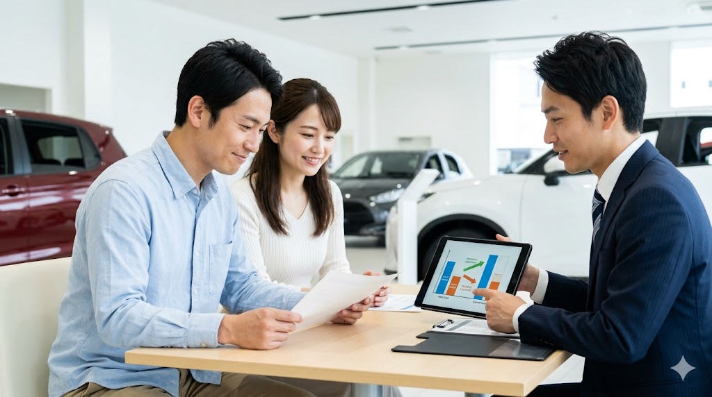 自動車ディーラーで、日本人販売員から残価設定型クレジット（残クレ）の月々の支払いの仕組みについて説明を受ける若い日本人夫婦。タブレットの図解を用いて、初期費用を抑えるメリットを理解しようとしている。