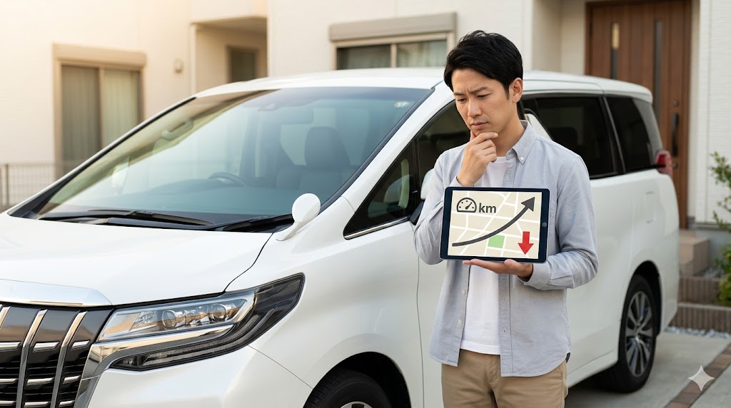 残クレの走行距離制限を超過し、追加精算（ペナルティ）を心配する日本人男性のイメージ図