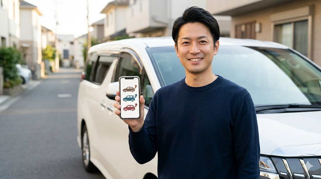 スマートフォンの一括査定サービス画面を見せ、30系アルファードの高額買取に期待する様子