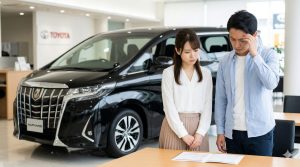 トヨタのディーラーで、新型40系アルファードを前に、残クレ契約の書類を見ながら不安そうな表情を浮かべる日本人夫婦。残クレに潜むリスクを表現。