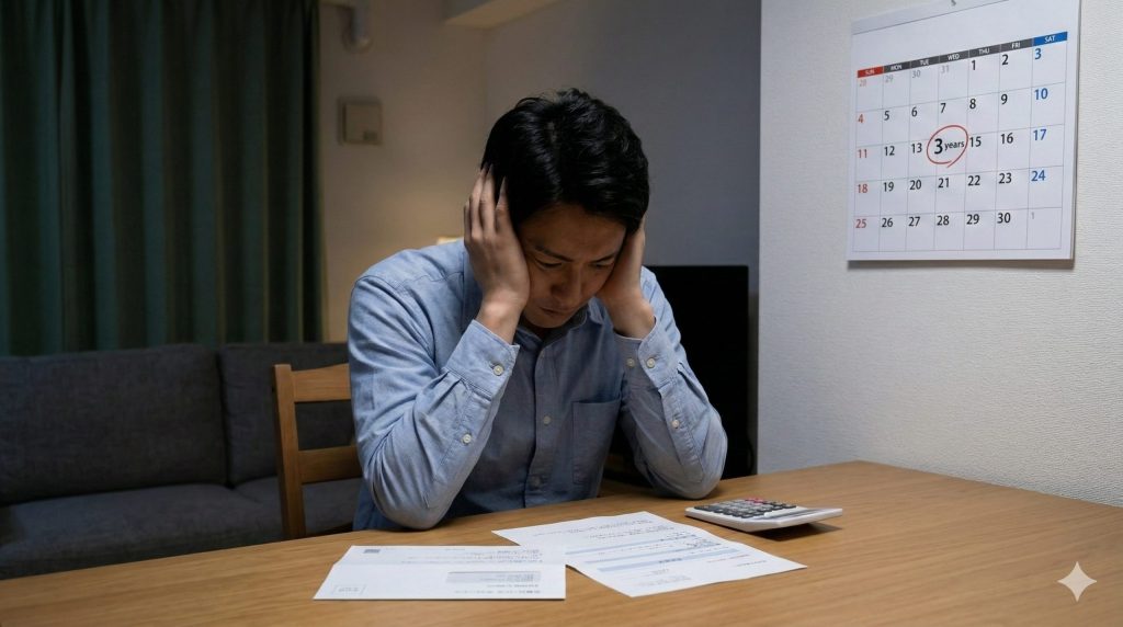 残クレ契約の満了を迎え、高額な残価の精算方法について、薄暗い自宅でカレンダーと書類を見ながら頭を抱えて後悔する日本人男性。