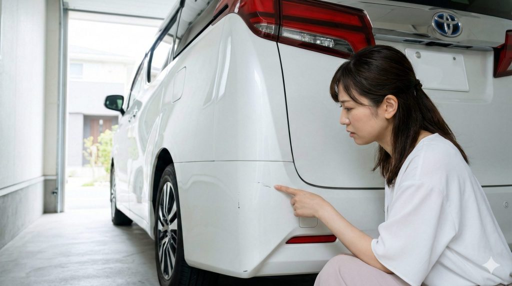 自宅ガレージで、40系アルファードのリヤバンパーにある小さな傷を見つけ、残クレ返却時の追加精算（原状回復義務）を心配して不安そうな表情を浮かべる日本人女性。