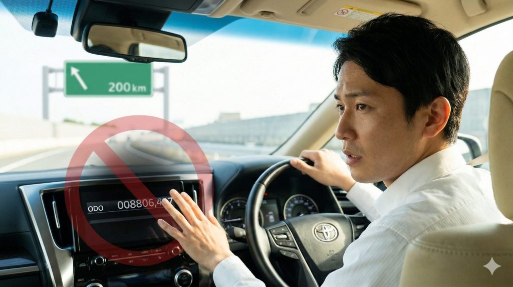 40系アルファードを運転中、高速道路の電光掲示板（距離表示）を気にしながら、ダッシュボードのオドメーター（走行距離計）を不安そうに見つめる日本人男性。残クレの走行距離制限によるストレスを表現。