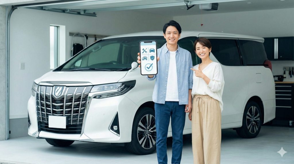 自宅ガレージで、新型40系アルファードの隣に立ち、スマートフォンでKINTOの定額サービス（任意保険・メンテナンス込み）の契約内容を確認して、安心した笑顔を見せる日本人夫婦。
