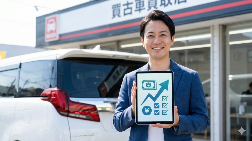 中古車買取店の前で、スマートフォンを手に笑顔を見せる日本人男性。画面には複数の買取店からの査定額が競合し、高額査定が出たことを示す上向き矢印とグラフが表示されている。