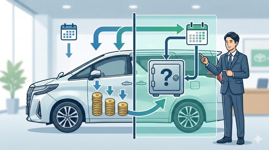 自動車の残価設定ローンの仕組みを図解したインフォグラフィック
