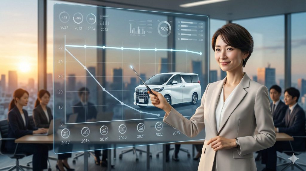 アルファードの驚異的な残価率の高さを説明する女性ファイナンシャルプランナー