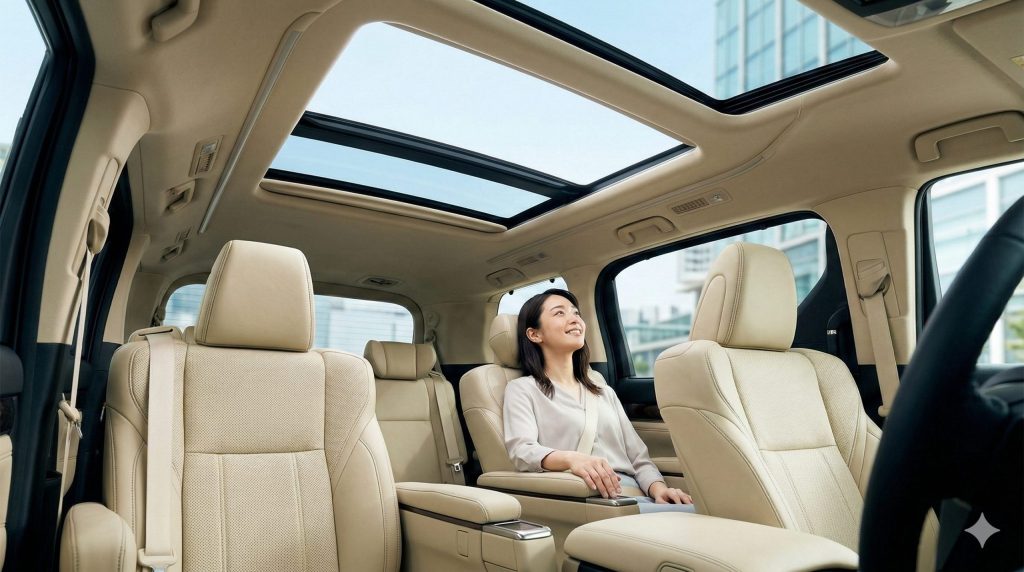 輸出時に高く評価される「左右独立ムーンルーフ」を装着した、新型アルファードのリヤシート。開放的な車内空間と、リセールバリューを高める重要オプションを提示。