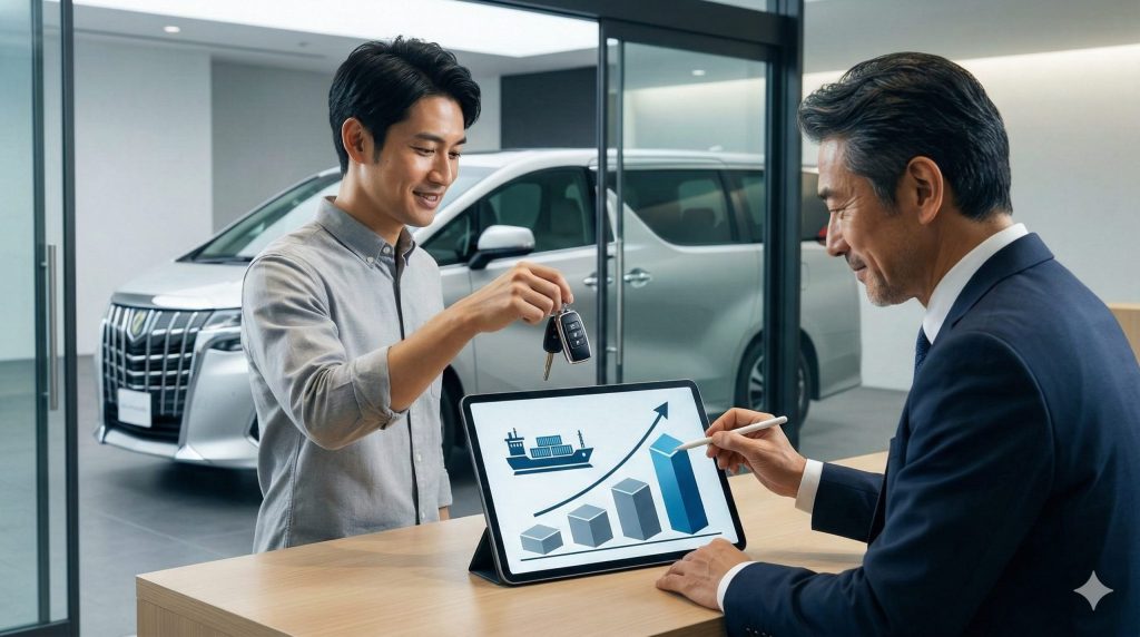 日本の一括査定サービスを利用し、複数の買取業者の中から海外輸出ルートを持つ業者に新型アルファードを高値で売却する、賢いユーザーのエグジット戦略（出口戦略）。