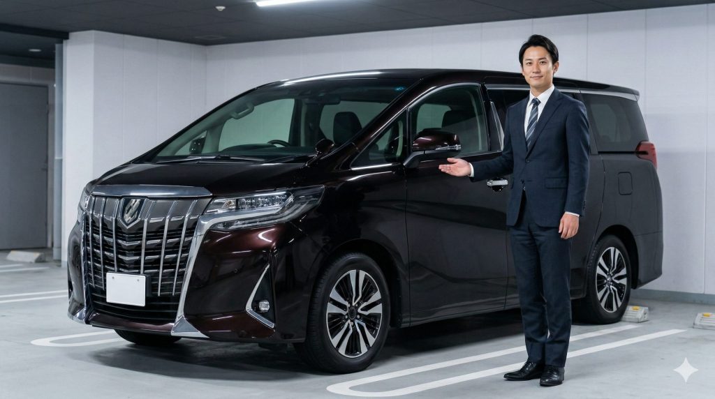 高級マンションの駐車場で、新型アルファードの横に立つ笑顔の日本人ビジネスマン。残クレでの購入を検討する人への安心感と、賢い車の所有イメージを提示。