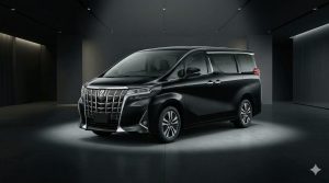 ショールームに展示された高級ミニバン「アルファード」