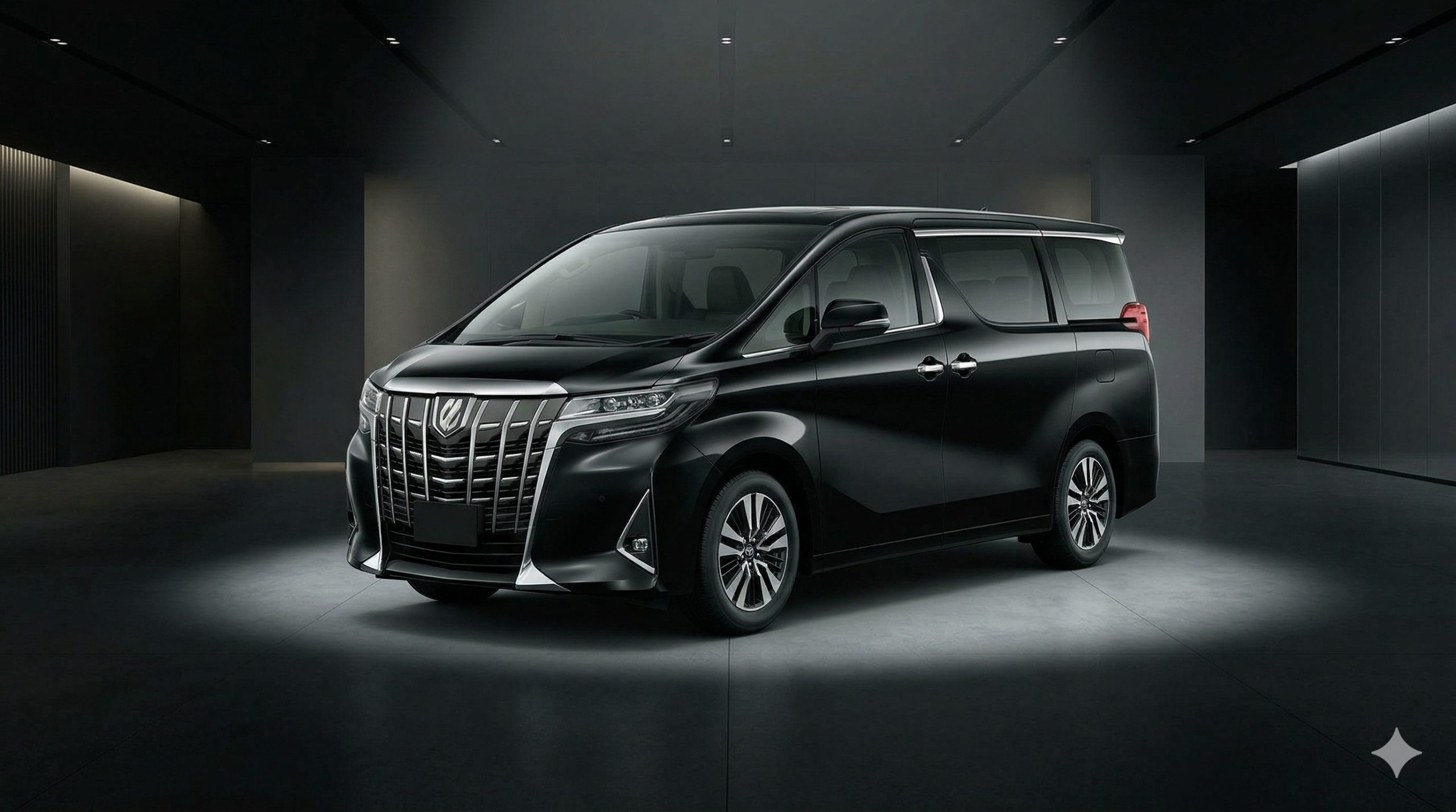 ショールームに展示された高級ミニバン「アルファード」