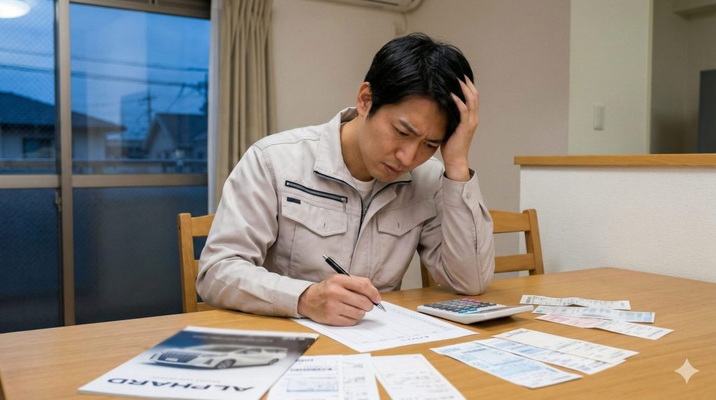 計算機と請求書を前に、月々の支払いに悩む日本人男性。