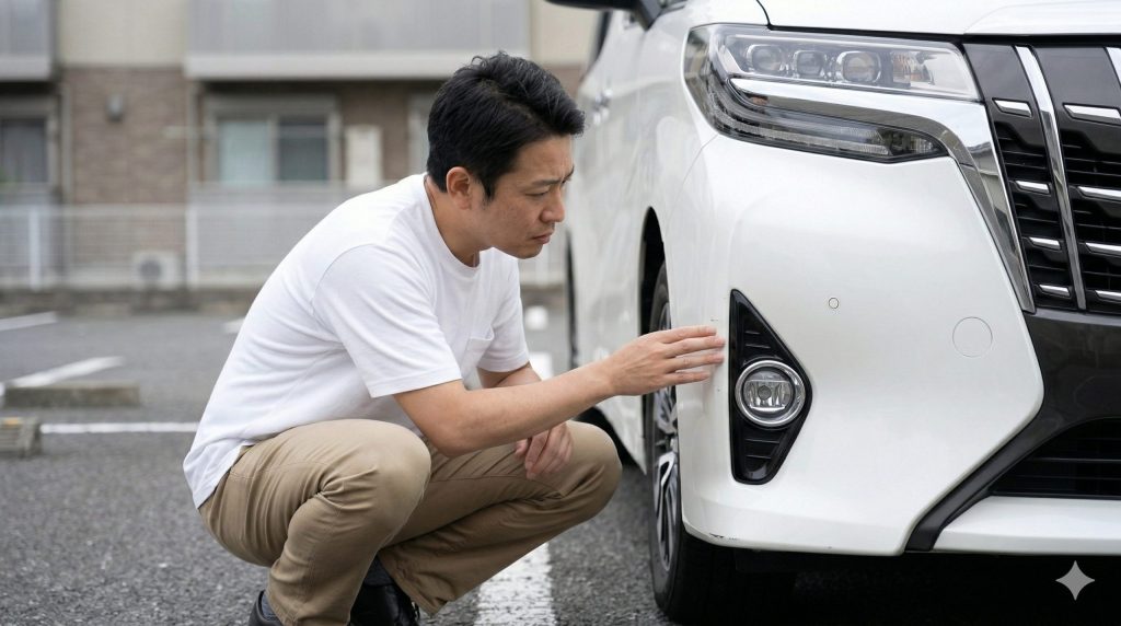 残クレの返却規定を気にして、アルファードのバンパーの小さな傷を確認する日本人男性。