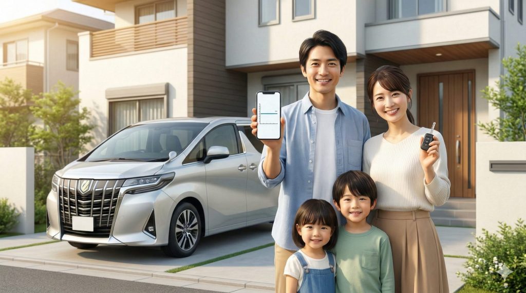 定額カーリースを利用して、アルファードの前で笑顔を見せる日本人家族。