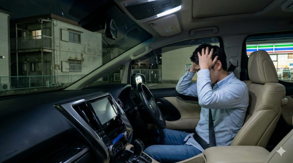 田舎の静かな住宅街を背景に、夜、駐車場に停めた高級SUV「アルファード」の運転席で、日本人の男性が頭を抱えて悩んでいる。