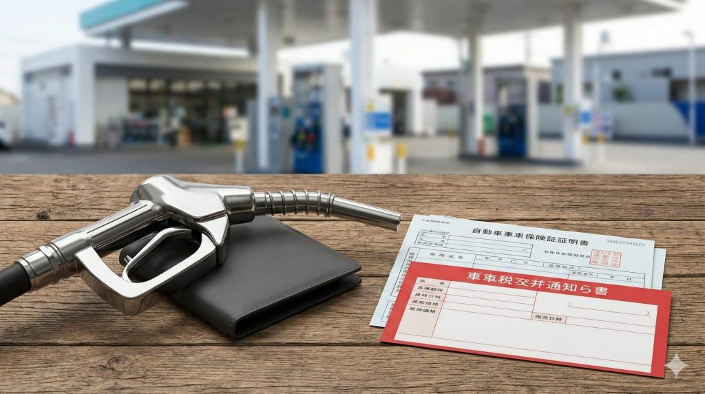 車の維持費（ガソリン、保険、税金）を象徴する、給油機のノズル、保険証券、そして自動車税の納付書（赤色の封筒）が、木製のデスクの上に整然と並べられている。