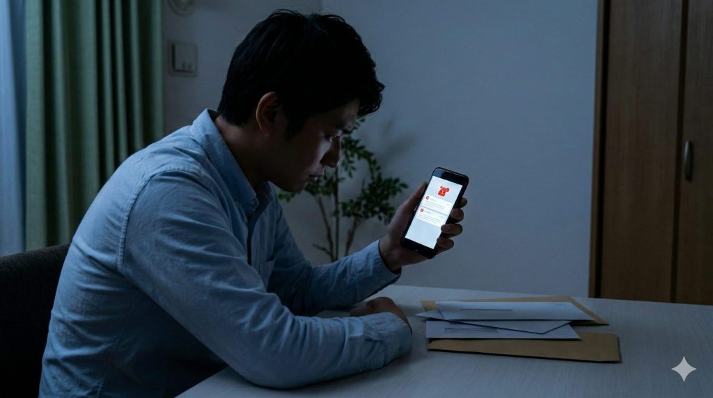 薄暗い部屋で、日本人の男性がスマートフォンの画面（未払いの督促状の通知）を見つめ、暗い表情を浮かべている。デスクの上には、未開封の請求書が積み上がっている。