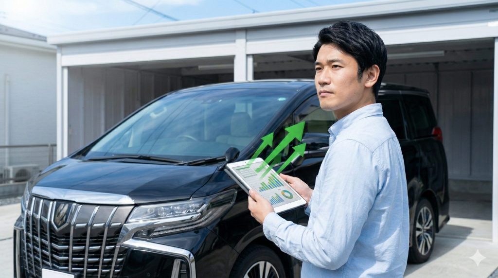 清々しい朝の光の中で、日本人の男性がスマートな表情で、自身のアルファード（ロゴなし）の横に立ち、タブレット端末で車の査定サイト（文字なしのグラフや表）を確認している。