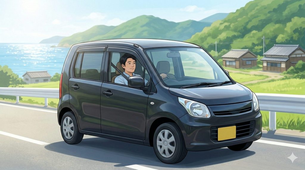 明るい昼下がりの郊外の道路で、日本人の男性が、自身の新しい車（ヴォクシーやコンパクトカーなどの大衆車、ロゴなし）を運転しており、穏やかな表情で前方を見つめている。