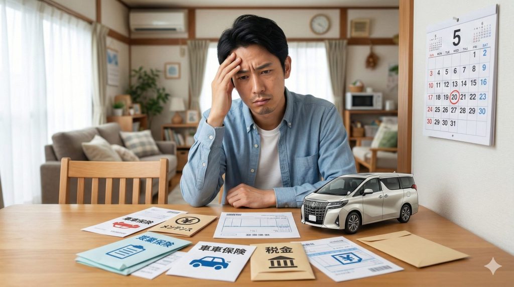 アルファードの維持費に頭を抱える日本人男性。自宅のテーブルで、税金や保険、車検の請求書を前に悩む姿