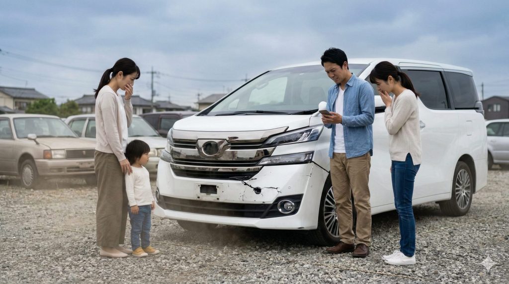 事故で損傷した白いアルファードと、呆然と立ち尽くす日本の家族。残クレの残価保証が失われるリスクを象徴する光景。