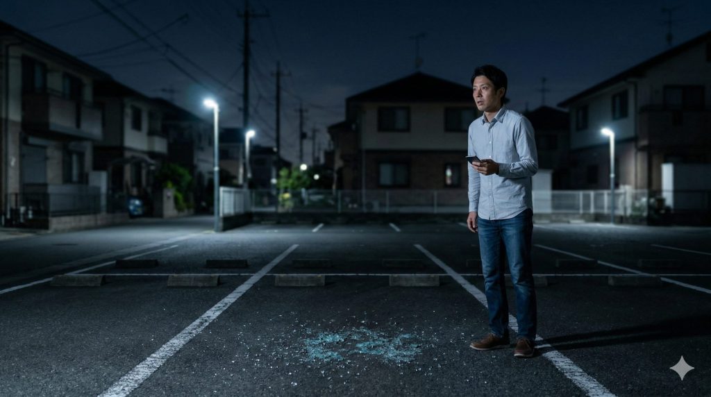 盗難に遭い、空になった駐車場に立ち尽くす日本人男性。アルファードが消えたショックと残債一括返済の恐怖を象徴。