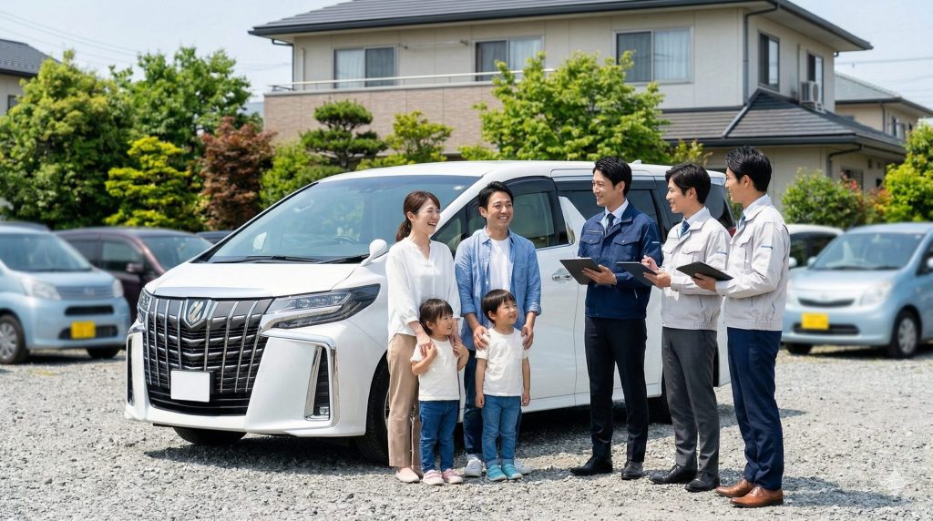 アルファードの一括査定を利用する日本の家族。複数の買取専門店による査定が行われ、高額売却に期待する様子。