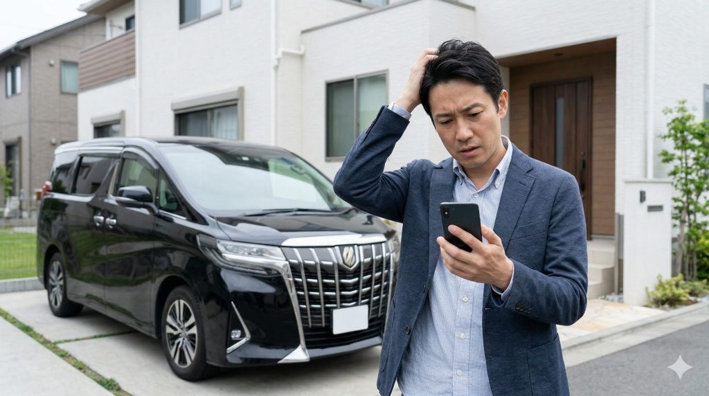 残クレで購入した黒のアルファードの横で、スマホを見ながら維持費や残価について不安な表情を浮かべる日本人男性。