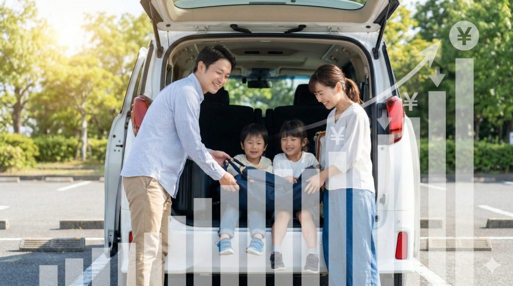週末の旅行を楽しむ日本人の家族とアルファードだが、背景には自動車税や保険料、燃料費などの維持費上昇を象徴するグラフや円マークが重なり、家計への負担を表している