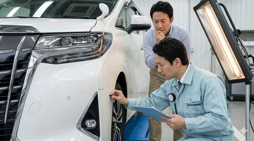 ディーラーの点検ベイで、日本人検査員がアルファードの前バンパーの傷を厳しくチェックしており、後ろでオーナー男性が不安げに見守っている。