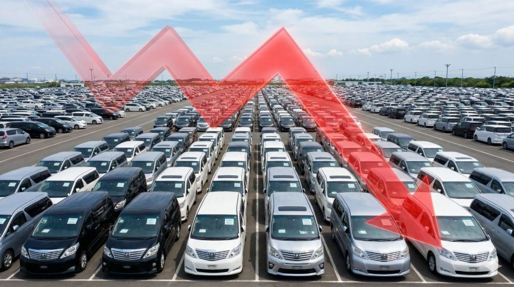 日本の中古車オークション会場で、数百台もの30系アルファードがひしめき合い、市場の供給過多と価格下落を象徴する赤い下向きの矢印が重なっている。