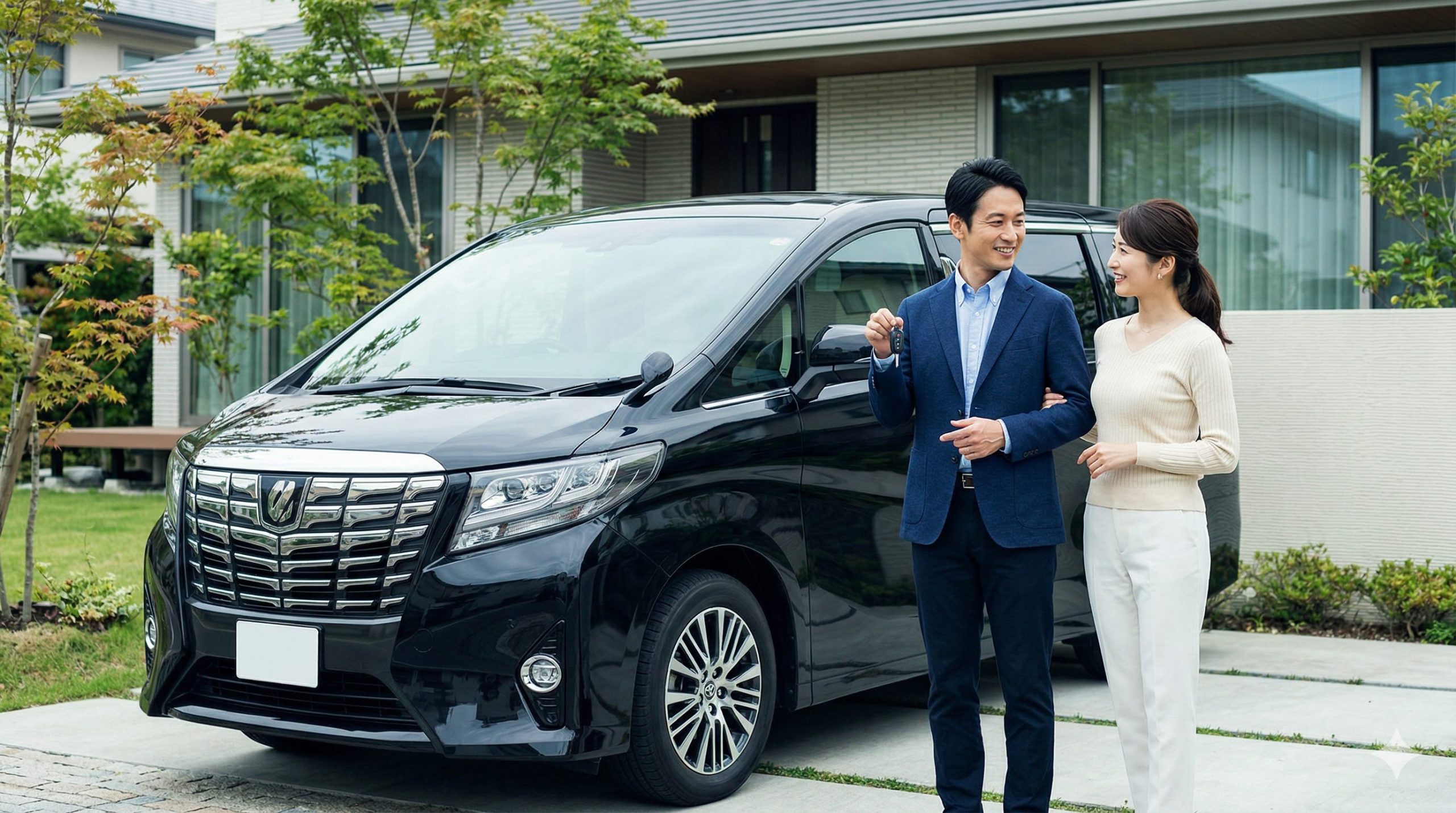 高級ミニバンのアルファードを背に、納車を喜ぶ日本人夫婦。残クレ利用を検討するオーナーの憧れを象徴する一枚。