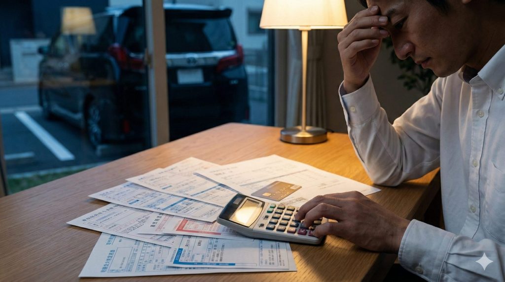 電卓と多数の請求書を前に、頭を抱える日本人男性。アルファードのローン審査通過後に発生する高額な維持費への不安を描写。