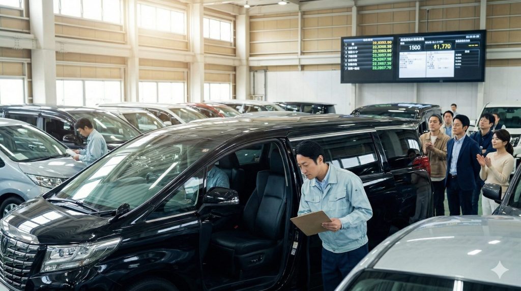 活気のある日本の自動車オークション会場で、アルファードの内装を慎重に確認する査定士。ディーラー下取りよりも高い市場価格での取引可能性を暗に伝える