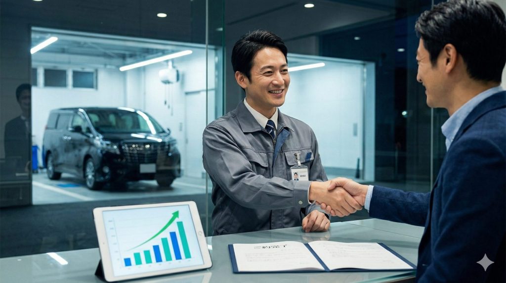 買取業者のスタッフと握手をする日本人男性。アルファードを高額査定で売却し、ローンを完済できた満足感を表す。