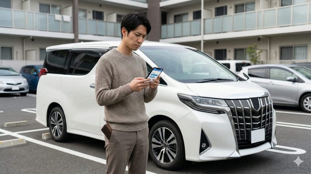 高級ミニバン（アルファード）のハイグレードモデルと追加オプションに満足げな日本人男性の様子。E-E-A-T向上のためのイメージ。