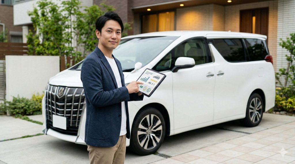 自宅のガレージで、所有する高級ミニバン（アルファード）の横に立ち、タブレット端末で一括査定サイトを利用する日本人男性の様子。E-E-A-T向上のためのイメージ。