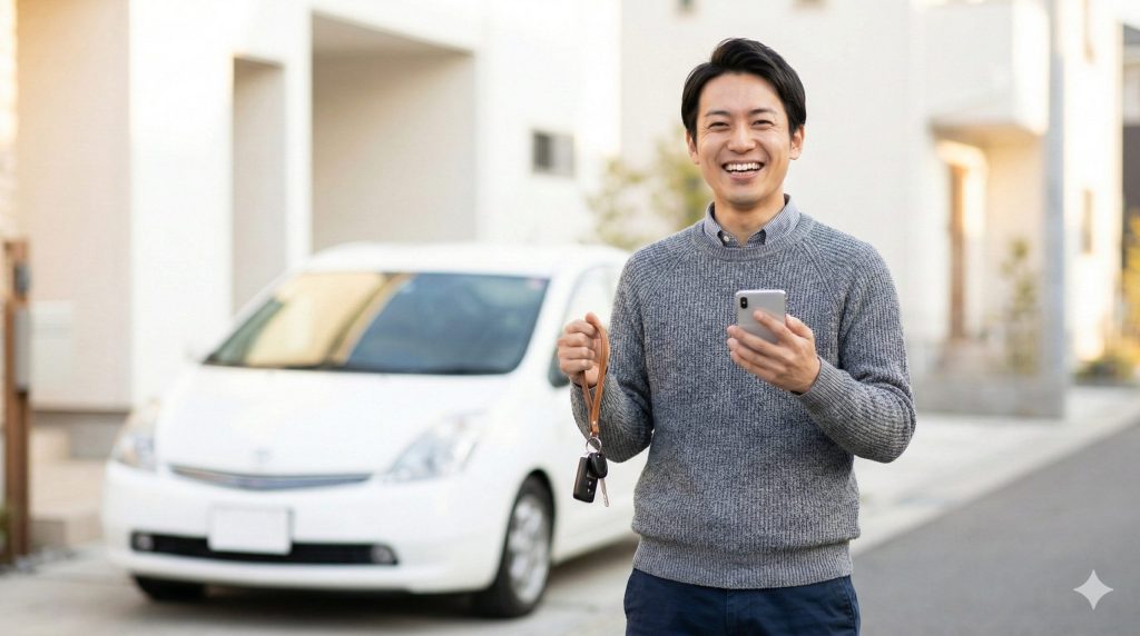 高級ミニバン（アルファード）を残価以上の高値で売却し、笑顔で車の鍵を手渡す日本人男性の様子。E-E-A-T向上のためのイメージ。