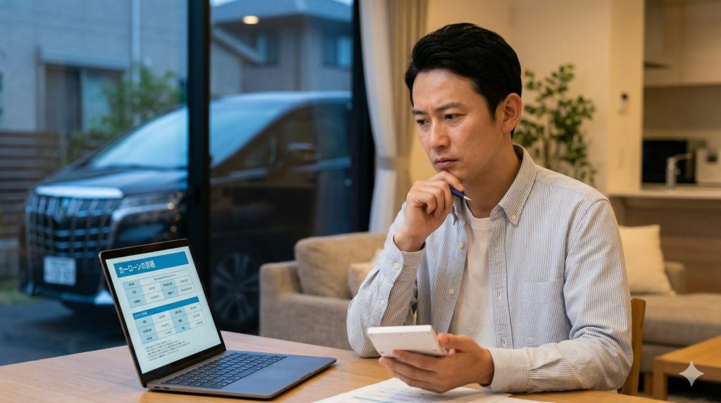 アルファードの残クレ購入について、自宅でシミュレーションをしながら不安を感じる日本人男性。元レンタカー店員が解説する文脈を表現。